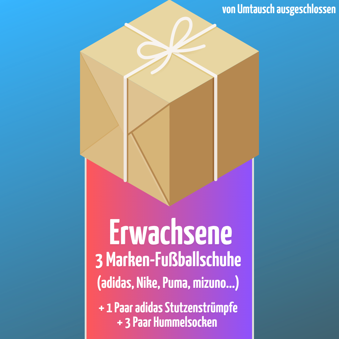 🎁 MYSTERY BOX ERWACHSENE : 3 Marken-Fußballschuhe + 3 Paar Hummelsocken + 1 Paar Adidas Stutzenstrümpfe