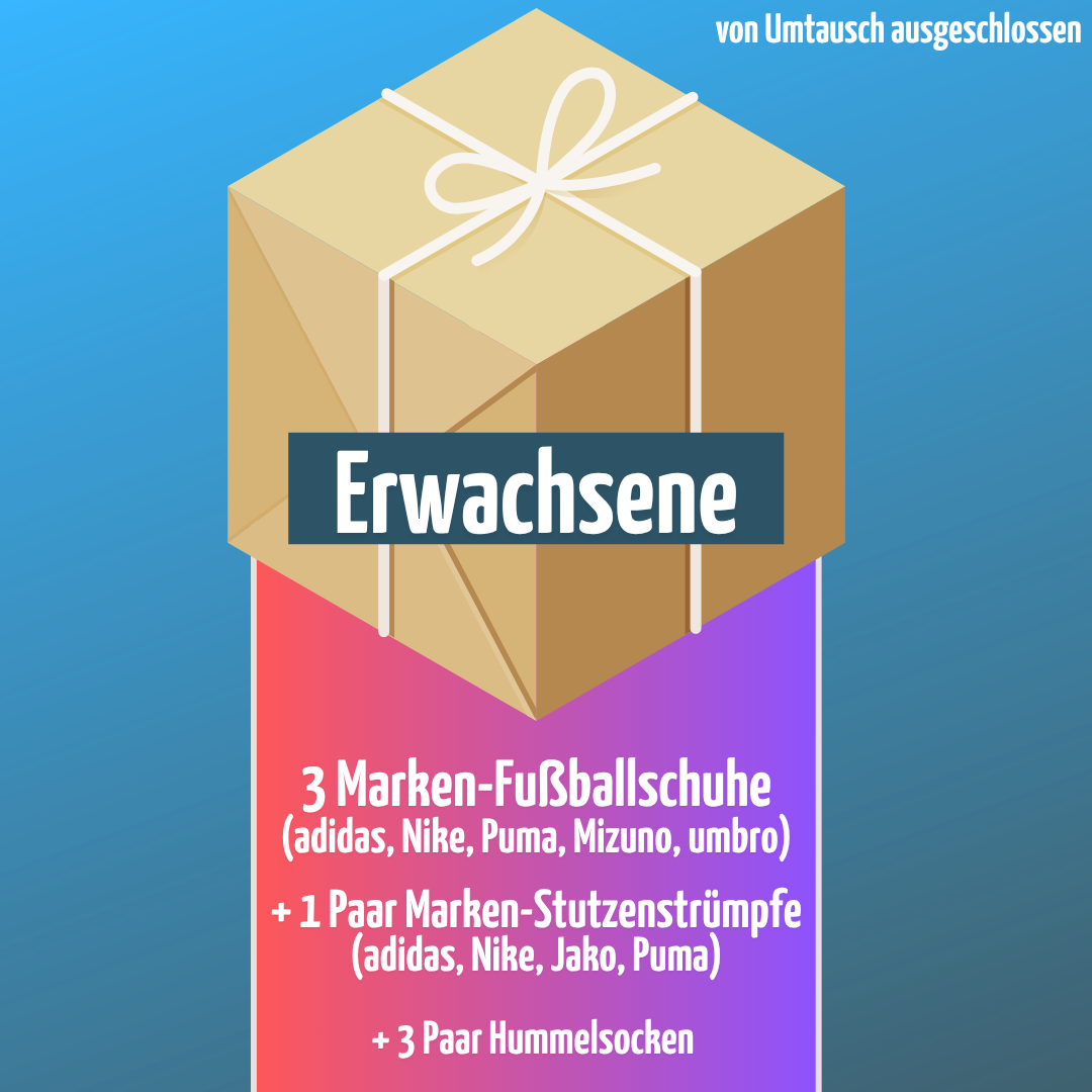 🎁 MYSTERY BOX Fußballschuhe : 3 Marken-Fußballschuhe +1 Paar Marken-Stutzenstrümpfe +3 Paar Hummelsocken (Erwachsene)