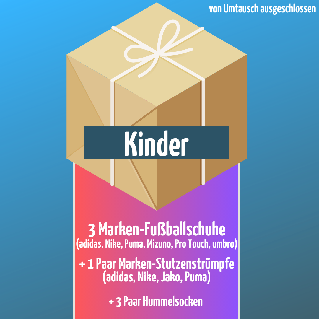 🎁 MYSTERY BOX Fußballschuhe : 3 Marken-Fußballschuhe +1 Paar Marken-Stutzenstrümpfe +3 Paar Hummelsocken (Kinder)