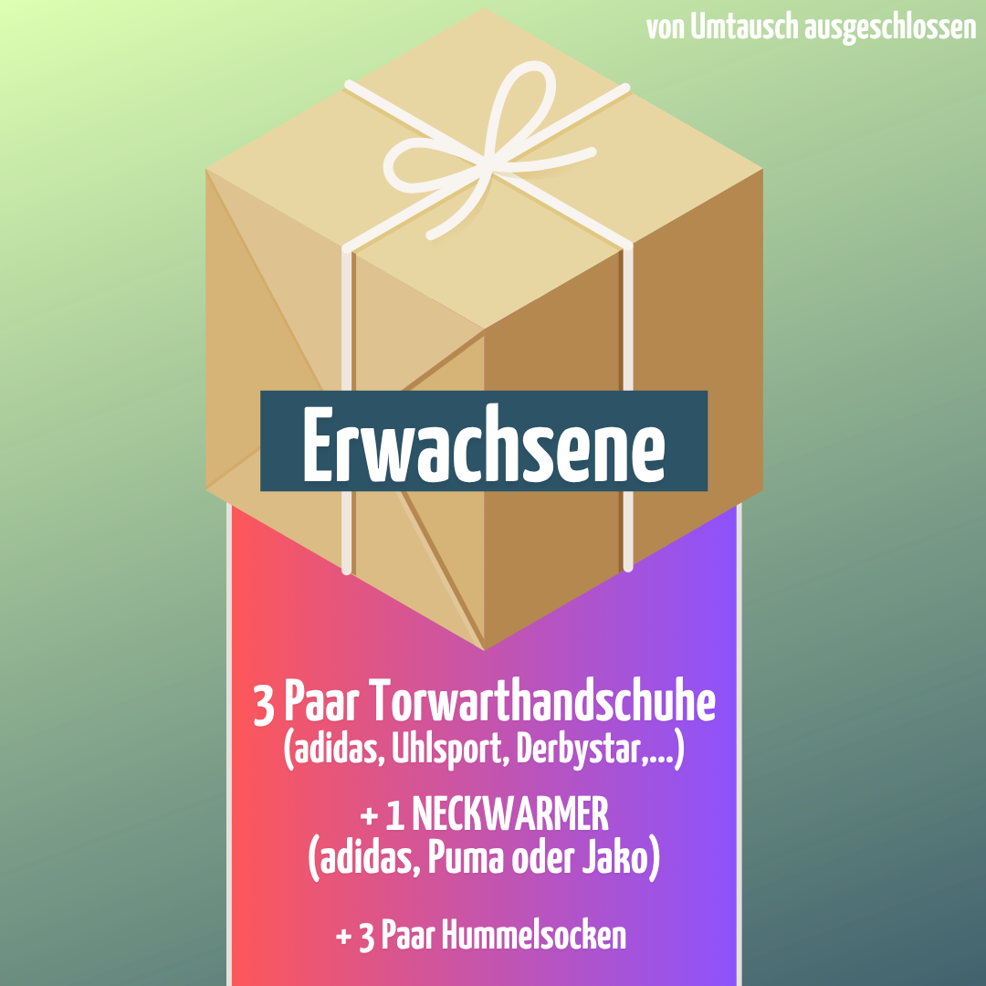 🎁 MYSTERY BOX Torwarthandschuhe : 3 Marken-Torwarthandschuhe +1 Puma/adidas/Jako-Neckwarmer +3 Paar Hummelsocken (Erwachsene)