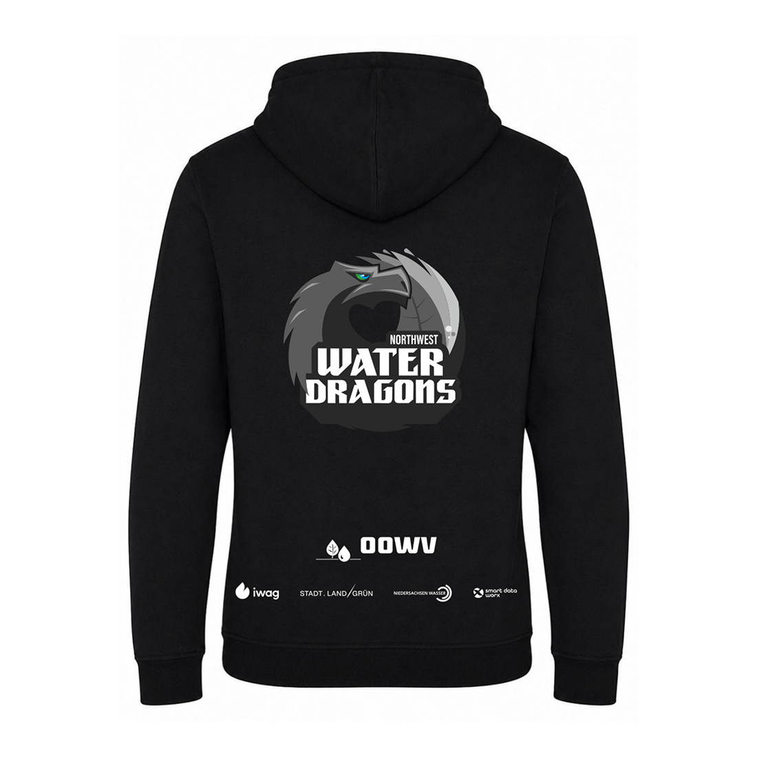 OOWV Hoodie Unisex Schwarz (JH101, Monogram:Weiß, "Water Dragon": Grau)