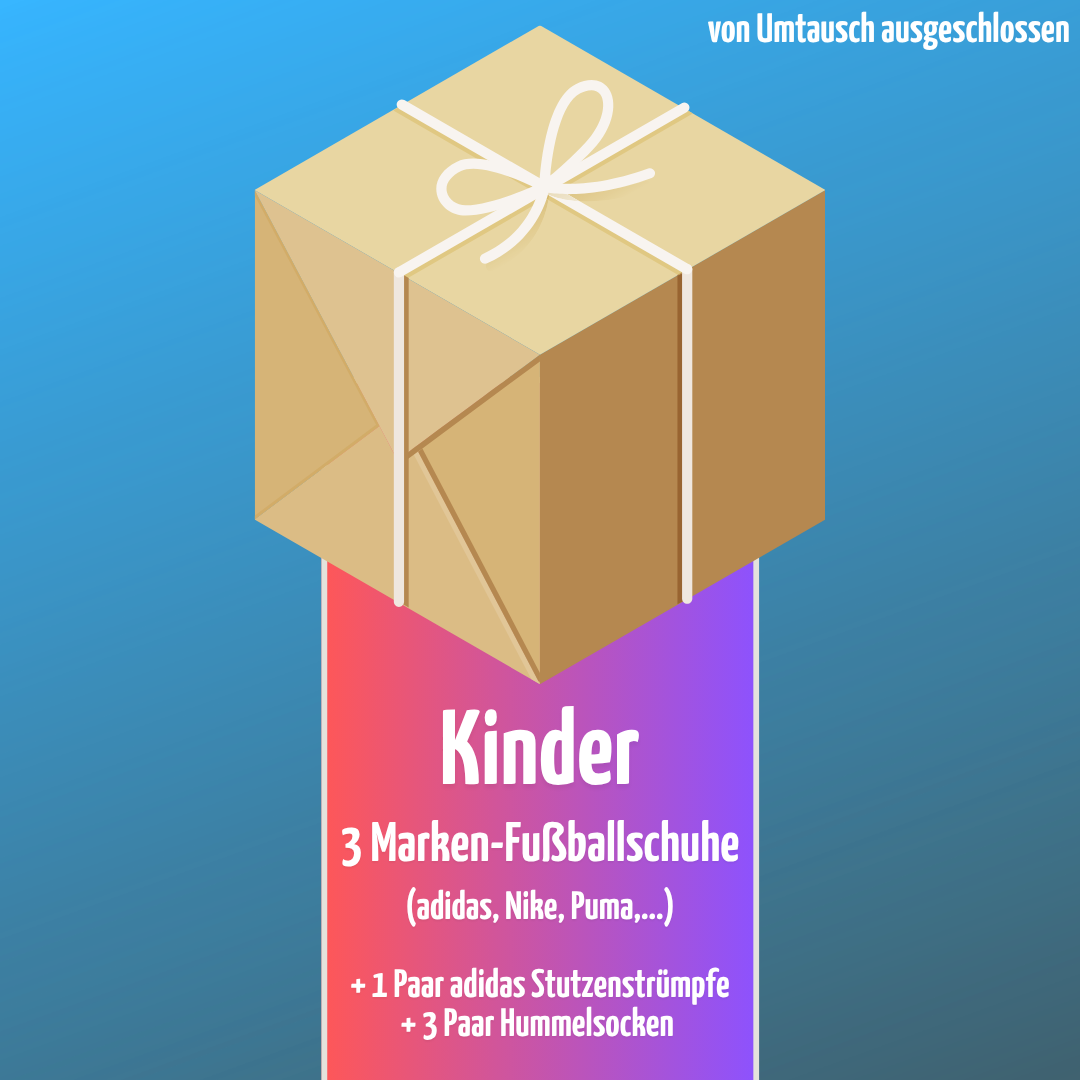 🎁 MYSTERY BOX KINDER : 3 Paar Marken-Fußballschuhe + 3 Paar Hummelsocken + 1 Paar Adidas Stutzenstrümpfe