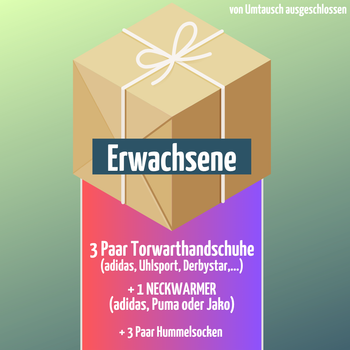 🎁 MYSTERY BOX Torwarthandschuhe : 3 Marken-Torwarthandschuhe +1 Puma/adidas/Jako-Neckwarmer +3 Paar Hummelsocken (Erwachsene)